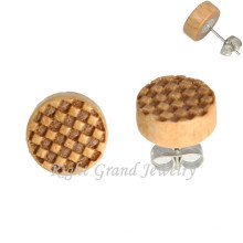 Chessboard Logo Boucles d&#39;oreilles en bois rondes Logo 3D Piercing d&#39;oreille pour les hommes